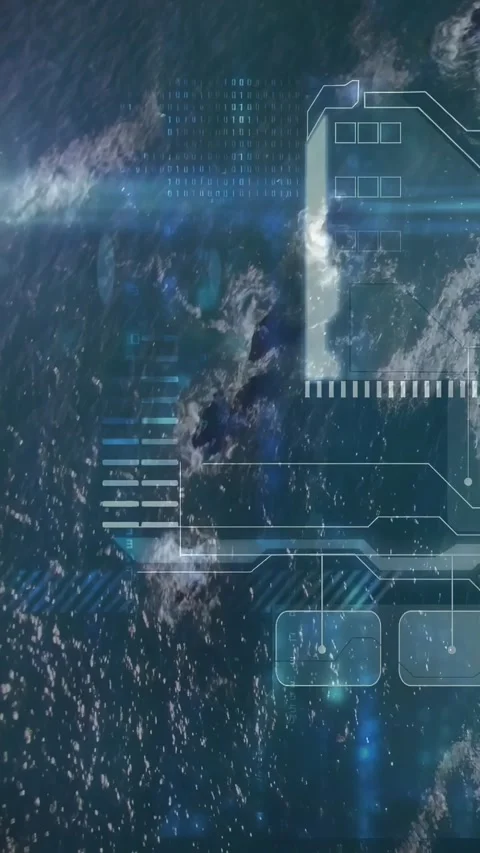 Vertical video: Drone sensor engaging, camera panning over ocean while HUD Stock Footage 328398371