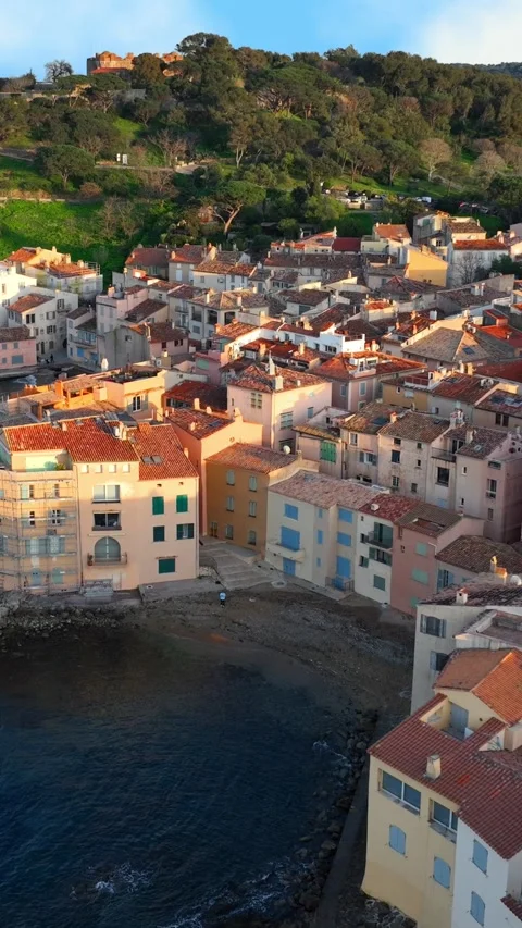 Vertical video: drone shot of Saint Tropez in French Riviera, Cote d Azur, Saint Stock Footage 303661139