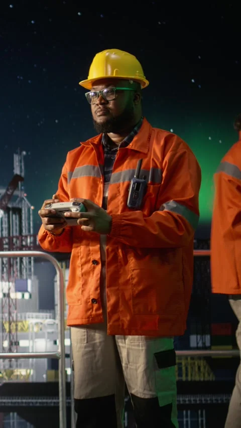 Vertical video Drone used by man on offshore rig to find fossil fuel reserves Stock Footage 339887736