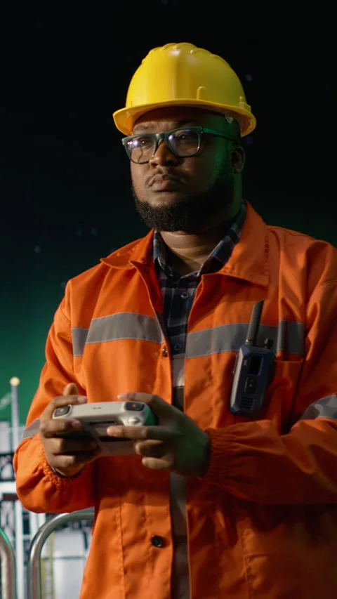 Vertical video Drone used by man on offshore rig to find fossil fuel reserves Stock Footage 339889390