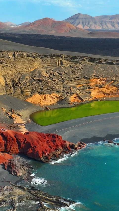Vertical video: Drone view of Volcanic Lake and beach in El Golfo, Lanzarote Stock Footage 293570047