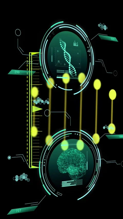 Vertical video: Dual HUD discs showing DNA and brain, right pulses sending neon Stock Footage 334378219