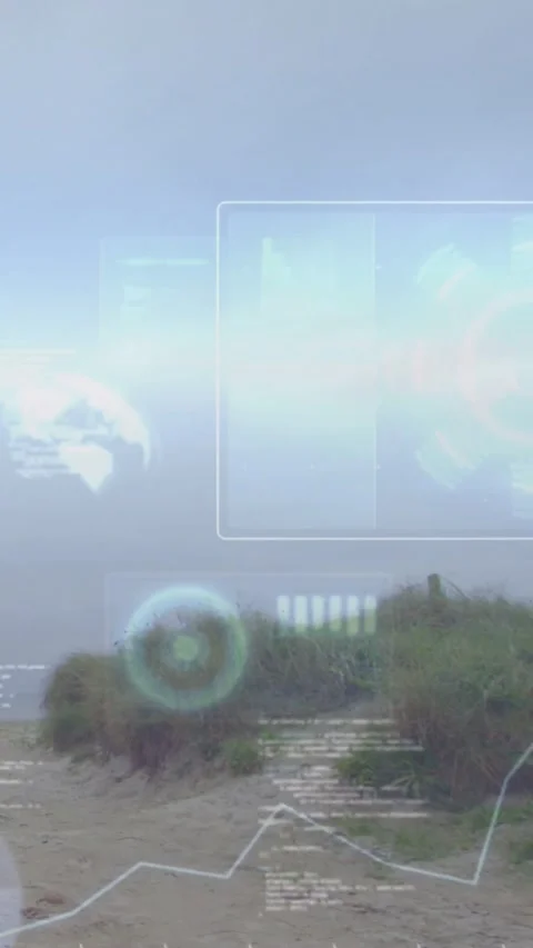 Vertical video: Dune staying under HUD globe graph code rising from frame two Stock Footage 334598691