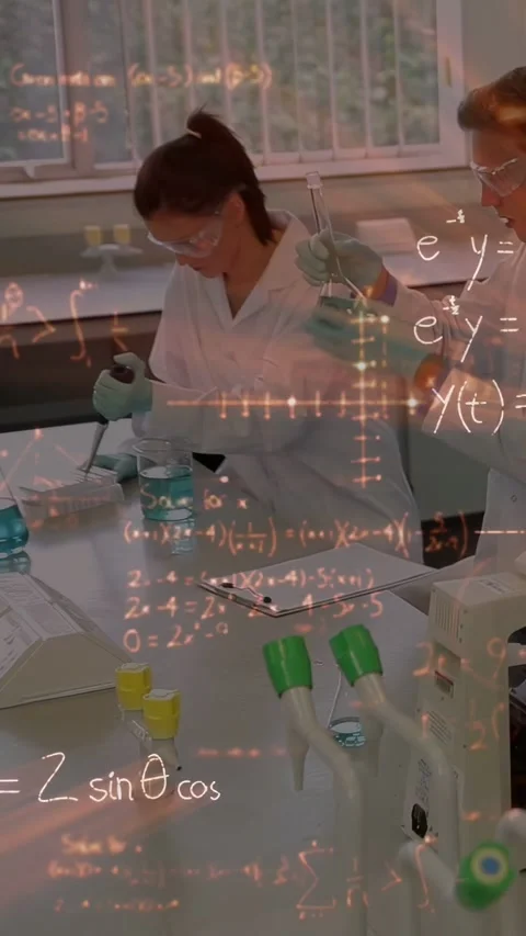Vertical video: Duo fitting pipette and sampling blue liquid for assay with math Stock Footage 335264116