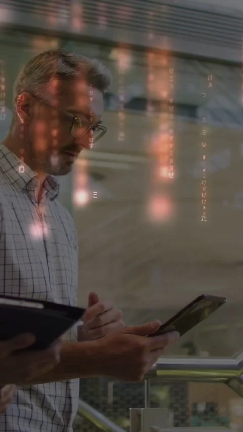 Vertical video: Duo tapping tablets and ascending stairs, code overlay rising Stock Footage 334705122