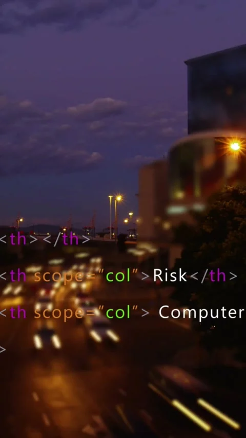 Vertical video: At dusk code overlay listing security tags, blurred traffic Stock Footage 329552832