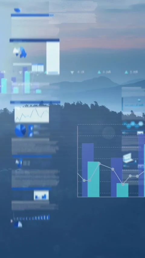 Vertical video: On dusk, data overlay appearing, cards sliding, charts growing Video stock 330195989