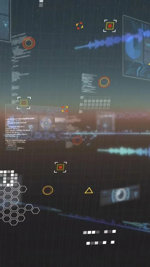 Vertical video: Dusk glow starting HUD, yellow triangles scanning, waveform Stock Footage 329128444