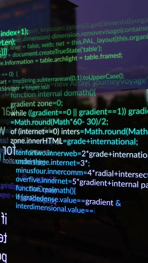 Vertical video: Dusk light starting code overlay on glass, scrolling, sharpening Stock Footage 329552839