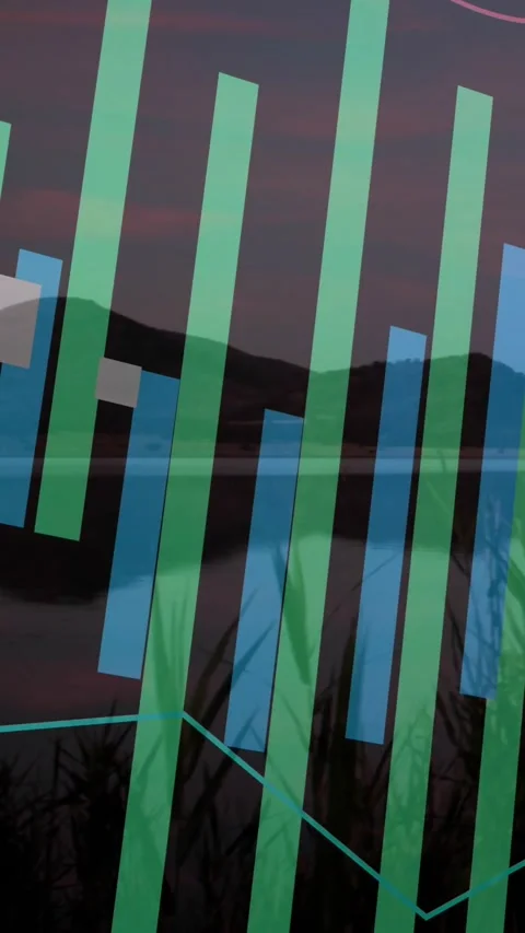 Vertical video: Dusk starting, chart hovering over lake bars pulsing lines 動画素材 329934018
