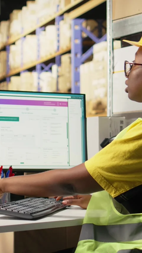 Vertical Video E-commerce worker scanning awb tags on cargo pallets for system Stock Footage 315252788