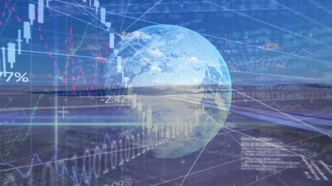 Vertical video: Earth globe centering while data driving charts dipping then Stock Footage 332285400