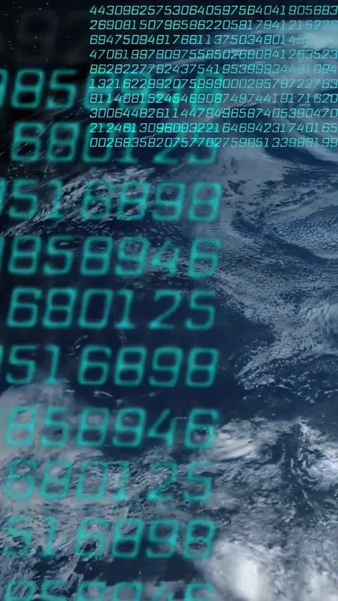 Vertical video: Earth orbiting after digits, cyan rows streaming, stacking into Stock Footage 335741072