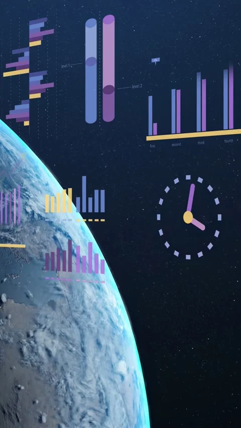 Vertical video: Earth rotating, camera panning, UI staying fixed, showing tech Stock Footage 333069639