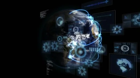 Vertical video: Earth rotating as tech surge sparking arcs around globe and HUDs Stock Footage 331227370