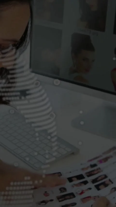 Vertical video: Editor seeing sheet flipping touching screen picking pics for Stock Footage 331271098