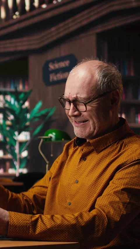 Vertical Video Elderly actor in a library focusing on script reading and Stock Footage 313246028