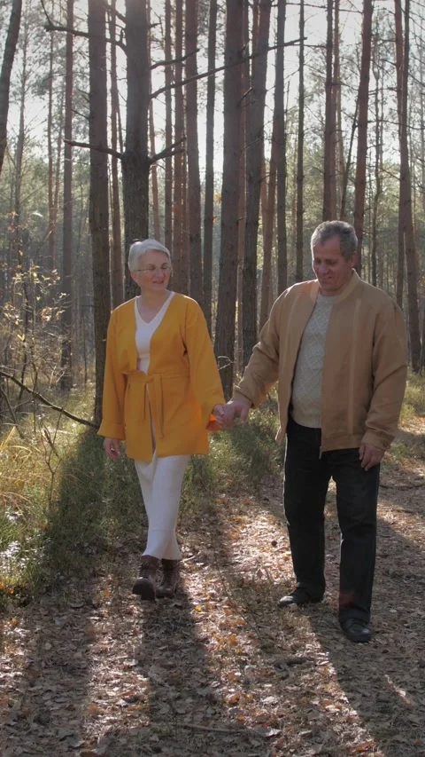 Vertical video. Elderly couple walks together along a forest trail during a Video stock 297477133