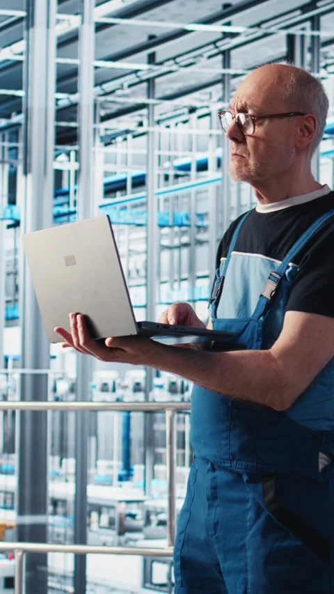 Vertical video Elderly engineer uses laptop in smart factory to test automated Stock Footage 306054177