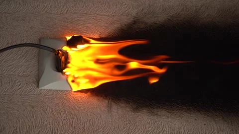 Vertical video. The electrical outlet has caught fire. The plug of the Vidéo 142646641