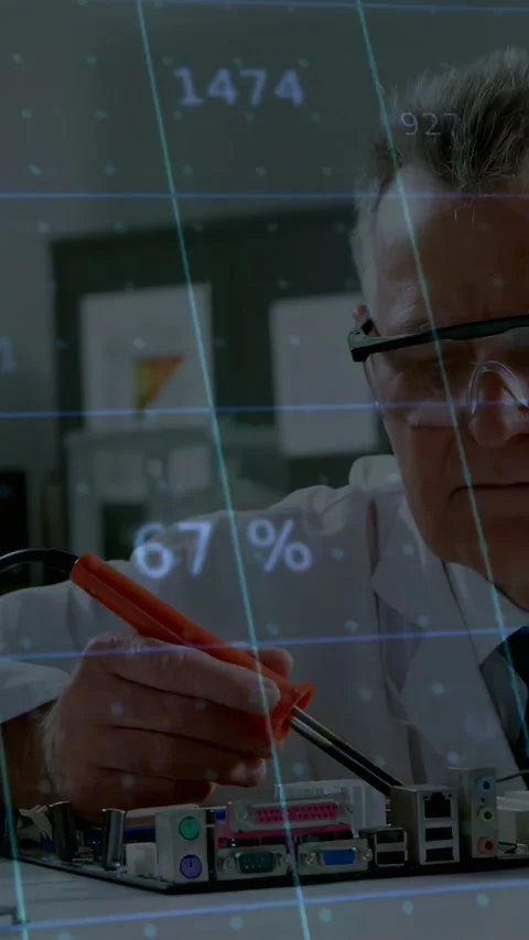 Vertical video: Electronics tech placing soldering iron, fixing board while data Stock Footage 334540895