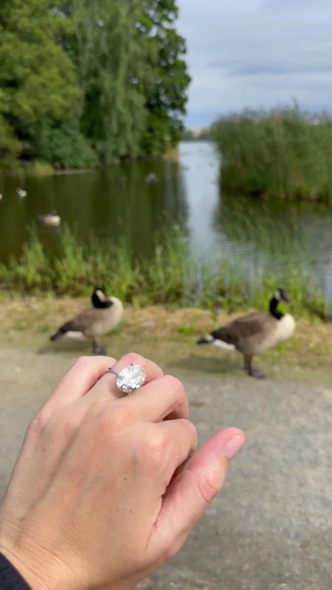 Vertical video elegant hand with platinum band and oval diamond by pond Stock Footage 317789852