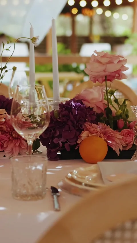 Vertical video. Elegant outdoor wedding, Rustic table with floral decor Stock Footage 324678658