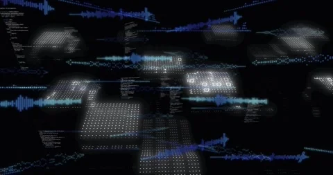 Vertical video: Emerging blue waves pushing grids merging across data void Stock Footage 331161498
