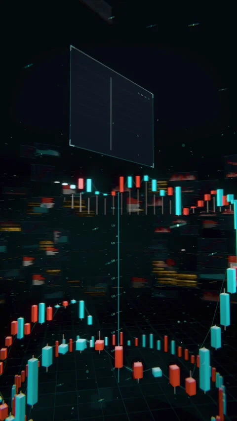 Vertical video: Emerging data blocks sparking 3D candles rising in virtual grid Stock Footage 348243971