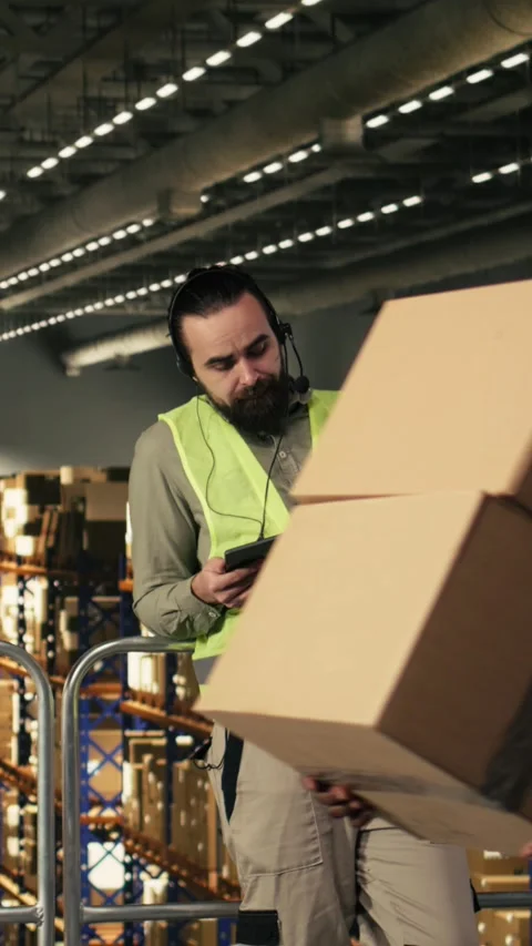 Vertical Video Employee working as a call center agent within distribution Stock Footage 330201664