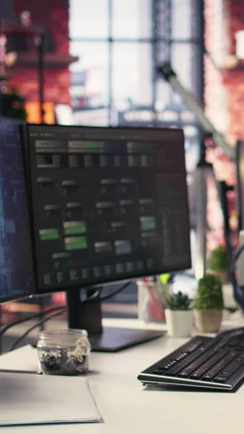 Vertical Video Empty AI developer desk including a monitor filled with neural Stock Footage 308491434