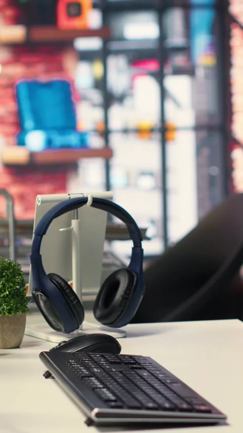 Vertical Video Empty AI developer desk including a monitor filled with neural Stock Footage 308491507