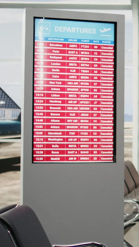Vertical Video Empty airport with all flights cancelled alert on departure board Stock Footage 344372797