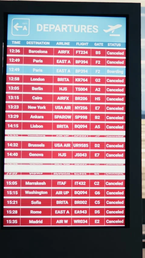 Vertical Video Empty airport terminal scene with flight cancellation and delay Stock Footage 333613121