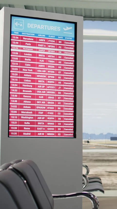 Vertical Video Empty airport terminal with cancelled flights on board screen Stock Footage 344372786