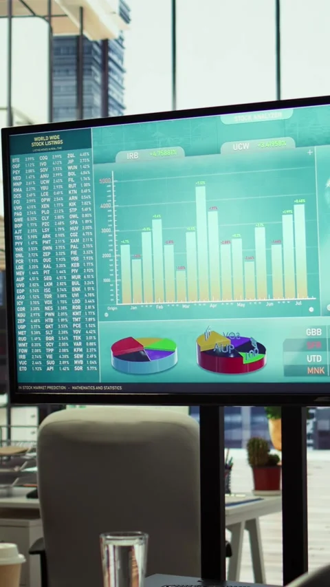Vertical Video Empty boardroom setup with a computer displaying financial data Stock Footage 319244159