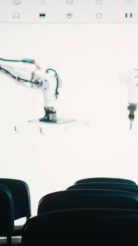 Vertical Video Empty convention space with chairs to present a robot arm Stock Footage 328329528