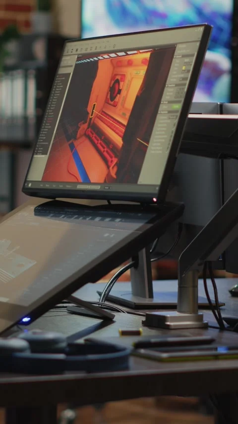 Vertical video: Empty electronics with multiple screens to develop artistic Video stock 222001402