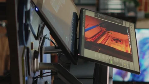 Vertical video: Empty electronics with multiple screens to develop artistic Video stock 223958985