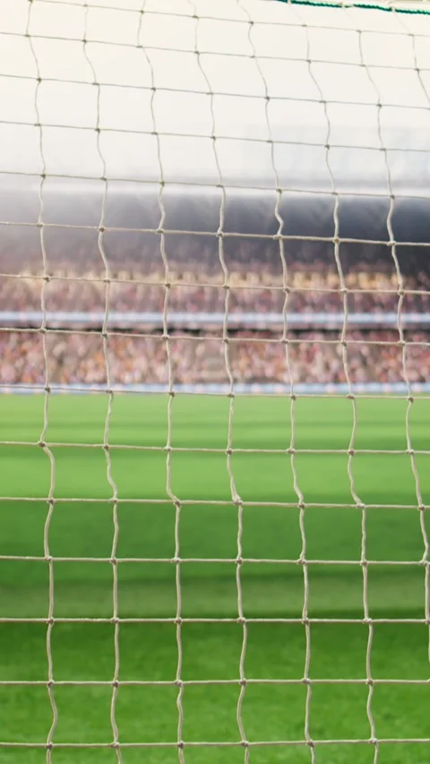 Vertical Video Empty goal net and post in soccer field viewed from behind rope Stock Footage 338046793