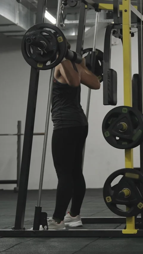 Vertical video. Empty gym, only one young woman doing squats in the Smith machin Stock Footage 255308136