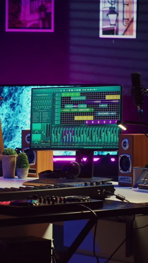 Vertical Video Empty home studio filled with recording and mixing instruments Stock Footage 268762153