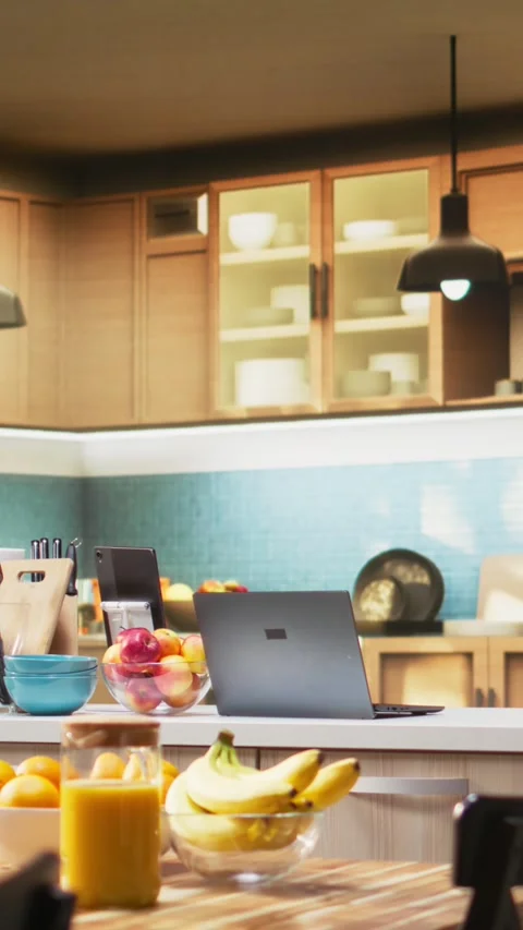 Vertical Video Empty kitchen table with croissants and homemade food Video stock 323142169