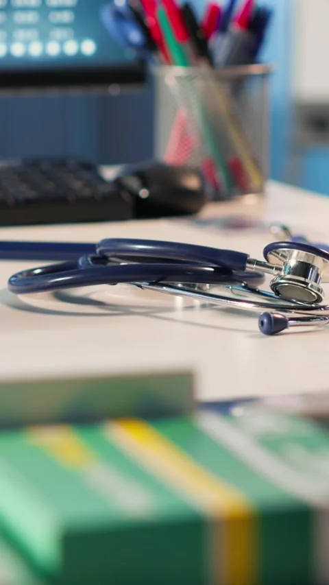 Vertical Video Empty medical cabinet at the clinic with a computer and Stock Footage 306501827