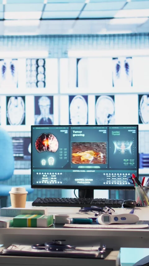 Vertical Video Empty medical cabinet at the clinic with a computer and Stock Footage 306502468