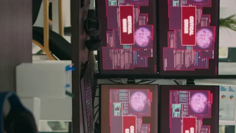 Vertical video: Empty office with computer monitors displaying system error and Stock Footage 220159711