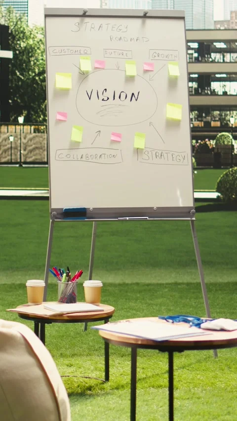Vertical Video Empty outdoor office terrace with roadmap strategy whiteboard Stock Footage 339070183