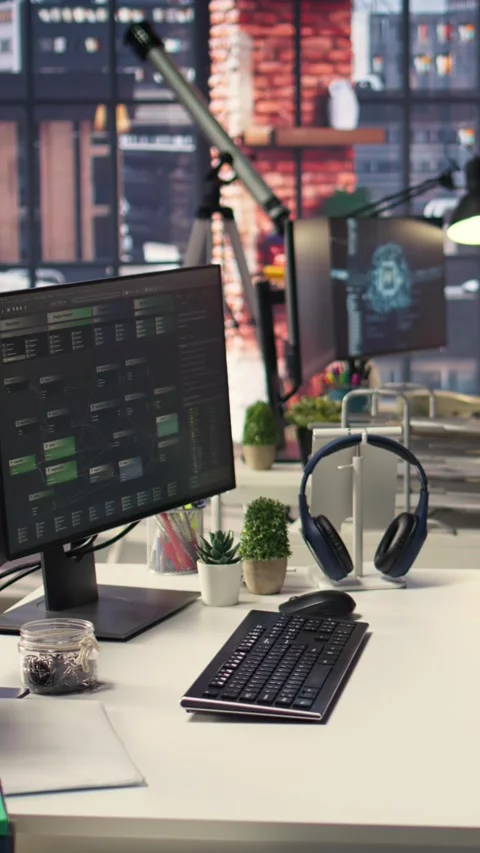 Vertical Video Empty programmer digital workspace shows real time code and AI Video stock 308493444