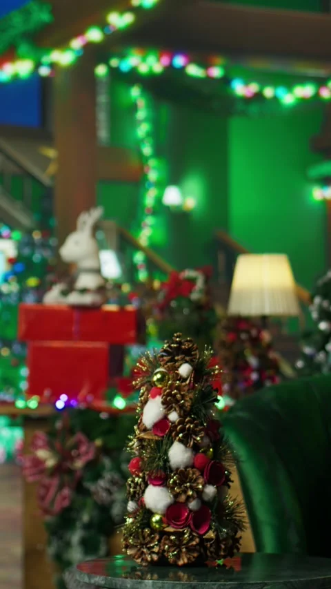 Vertical video Empty room decorated with Christmas tree, lights and other Stock Footage 316101593