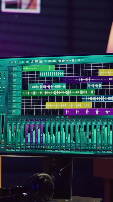 Vertical Video Empty space filled with mixing instruments and electronic tools Video stock 268644568